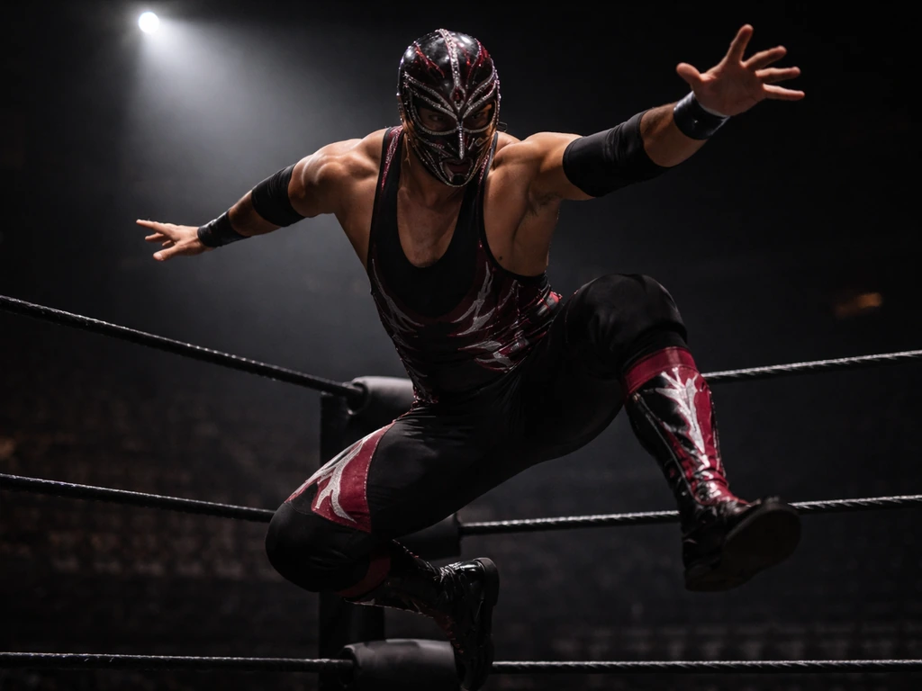 Anonymous Canadian-style wrestler in a dark ring mid-move, focused and dramatic with blurred empty stands.