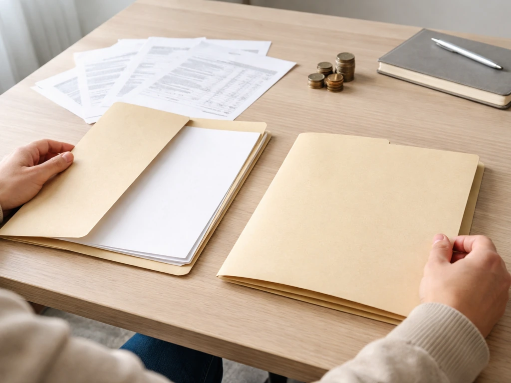 Hands on a desk organizing blank financial folders and papers, with coins nearby, suggesting assets vs liabilities.