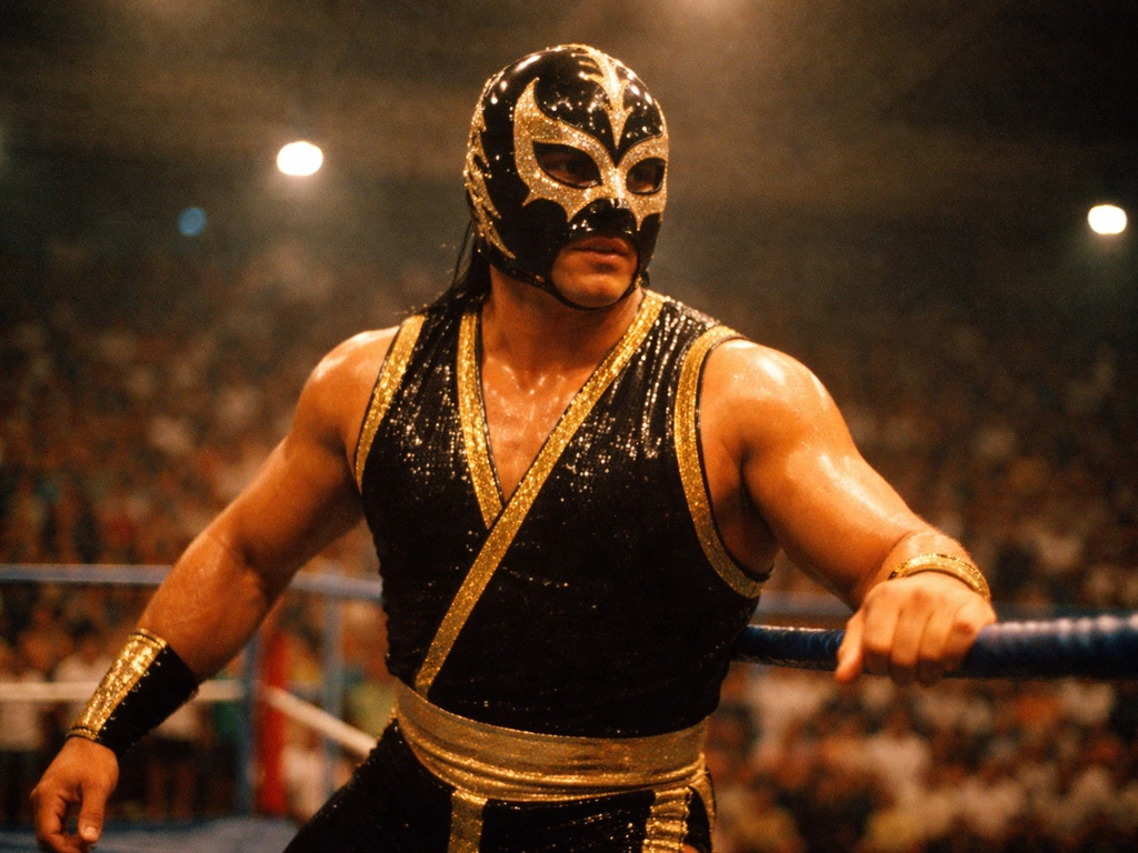 Masked Mexican luchador in a dim arena near the ropes, warm lights and blurred crowd behind.