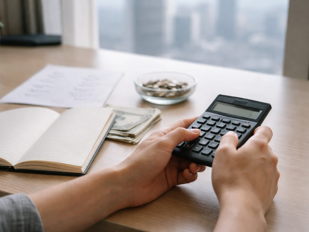 Minimal desk scene with a notebook, cash, and a calculator suggesting a net worth estimate range.