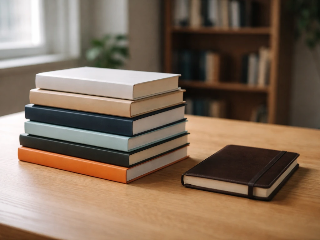 Books with visible cover designs on a wooden table in soft office light, symbolizing publishing royalties.