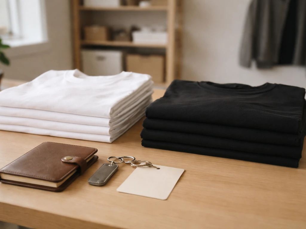 Minimal merch display on a wooden table representing a for-profit brand, with apparel and accessories.