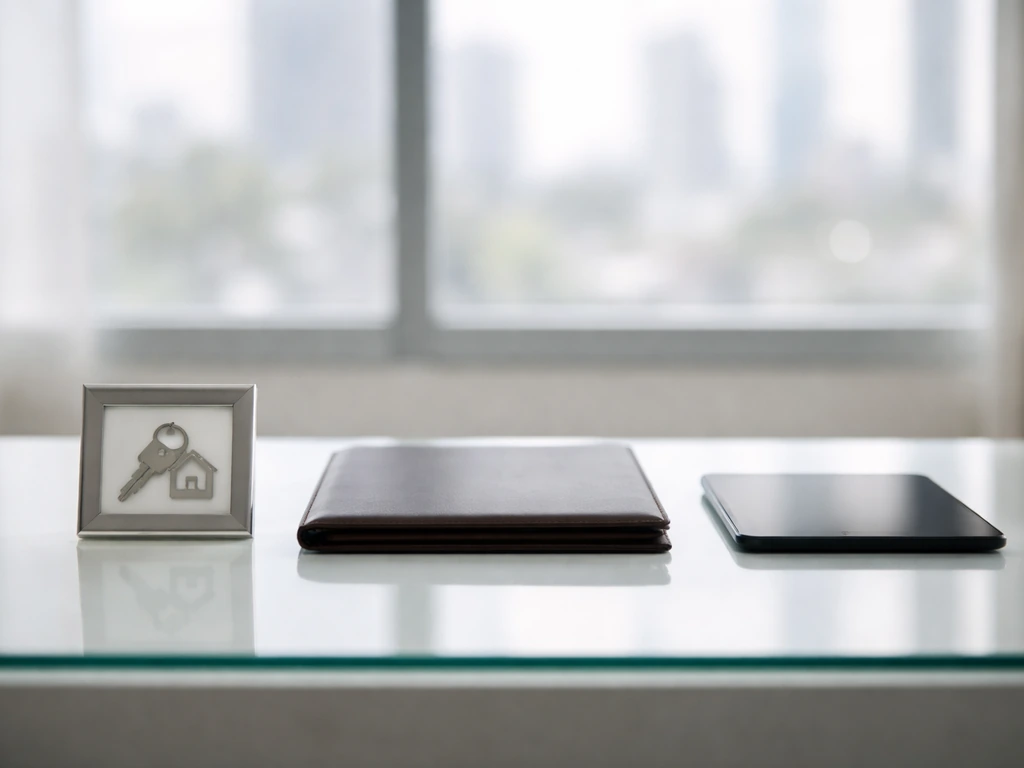 Minimal office desk scene with symbolic items suggesting home assets, investments, and business interests.