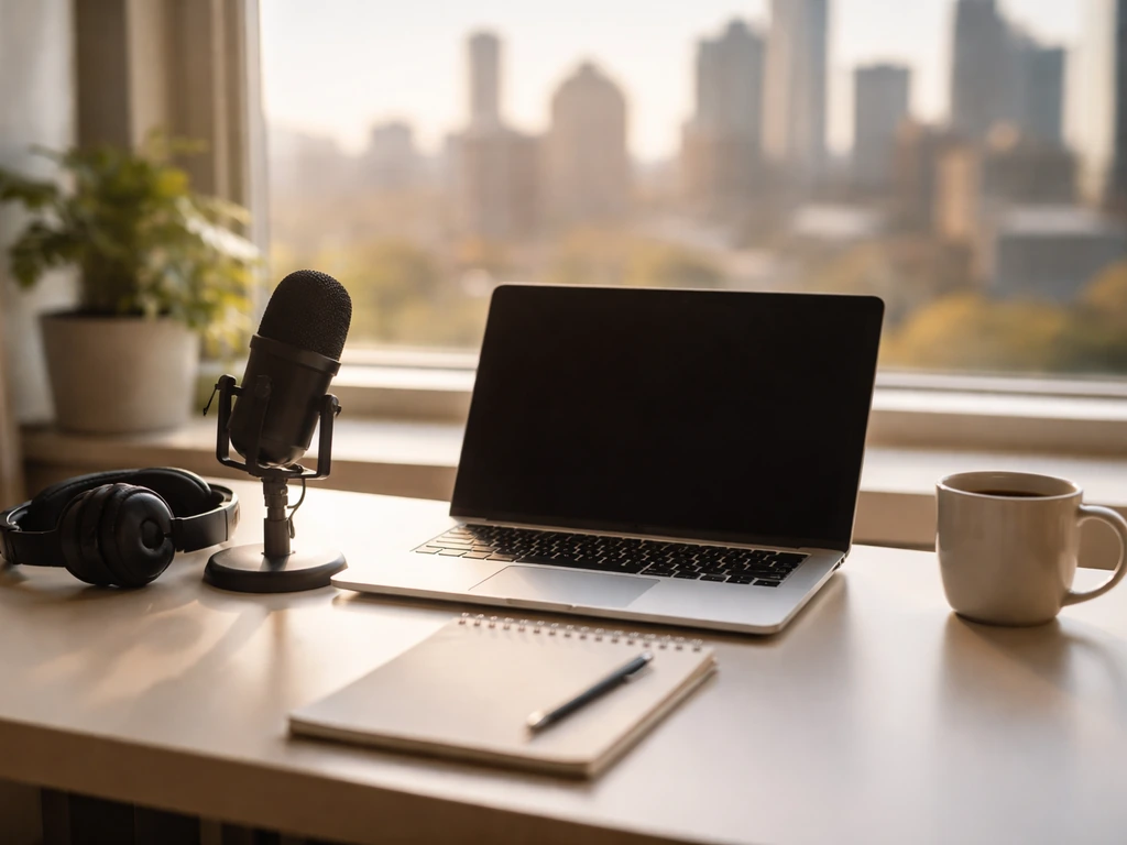 Minimal media office scene with a desk microphone, laptop, and warm light symbolizing business leadership.