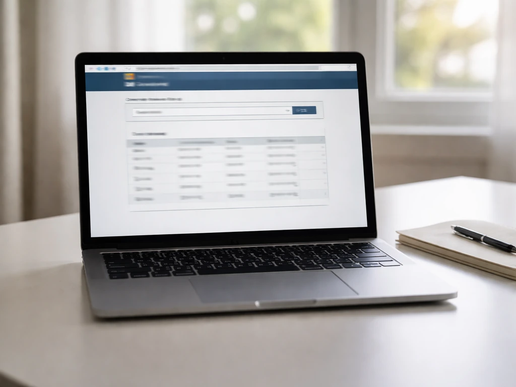 Close-up of a laptop showing a generic business registry website search with no readable text