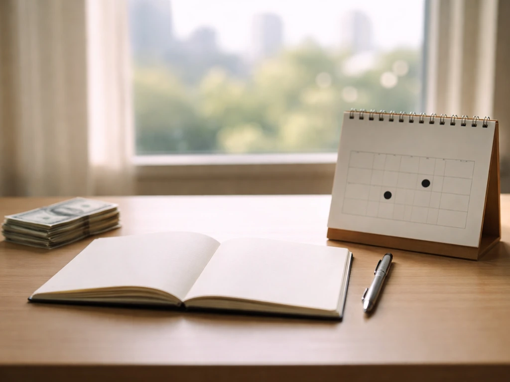 Minimal desk scene with a stack of cash, a blank notebook, and a calendar page suggesting wealth growing over time.