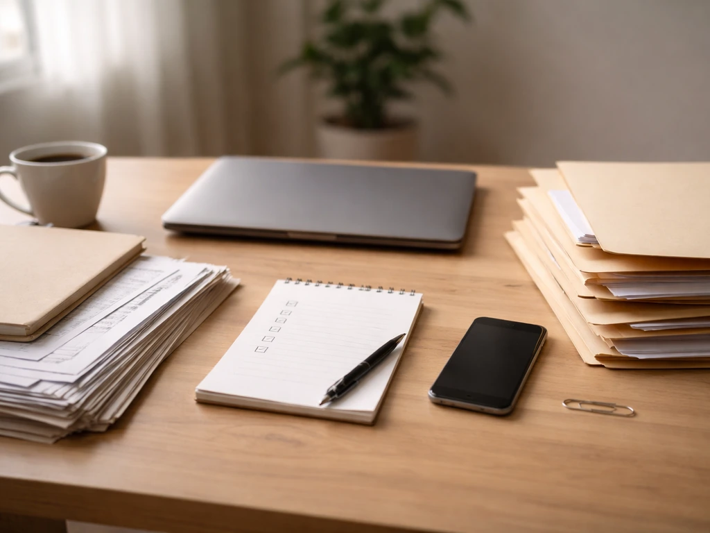 Minimal office desk with scattered folders, a laptop, and a checklist-style notepad suggesting evidence review.