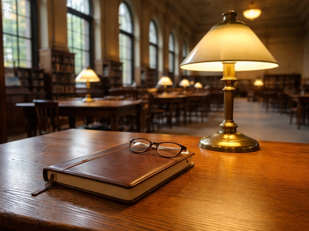 Empty library desk with lamp and journal, softly lit by daylight, symbolizing academia and cultural stewardship.