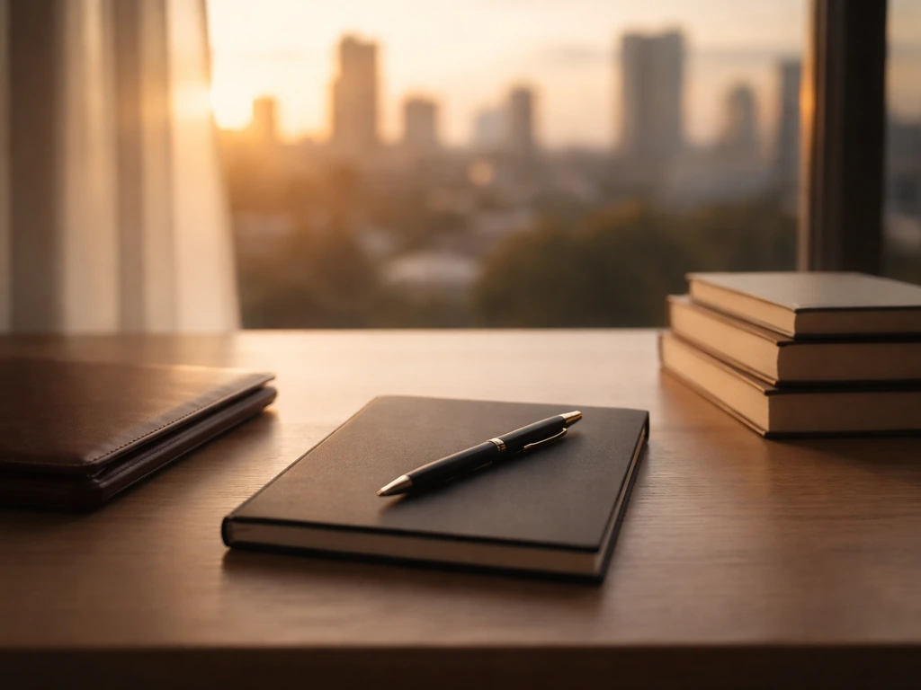 Minimal desk scene with blank notebook, pen, and books symbolizing a wealth-building timeline