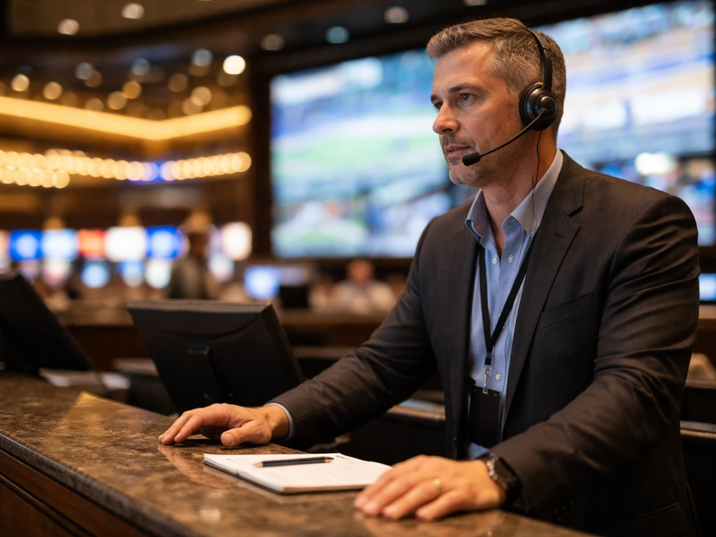 Anonymous sportsbook executive at a betting counter in Las Vegas, surrounded by casino ambience and neon glow