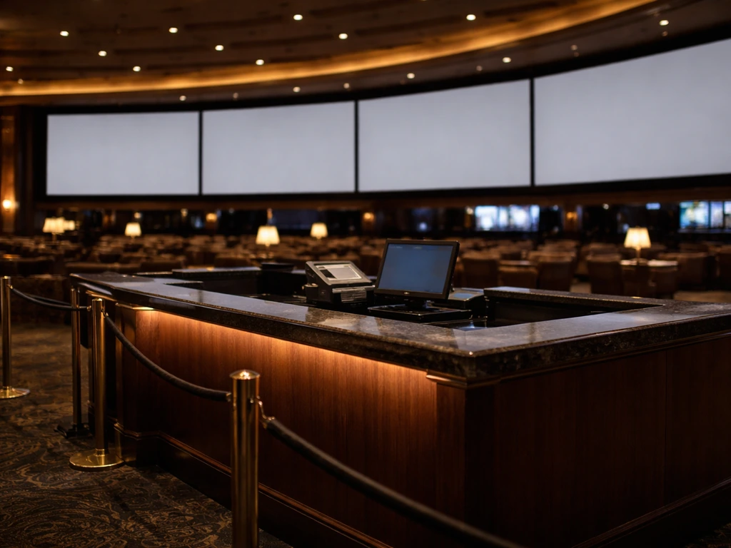 Empty upscale casino sportsbook counter with warm lights and blurred large screens in the background