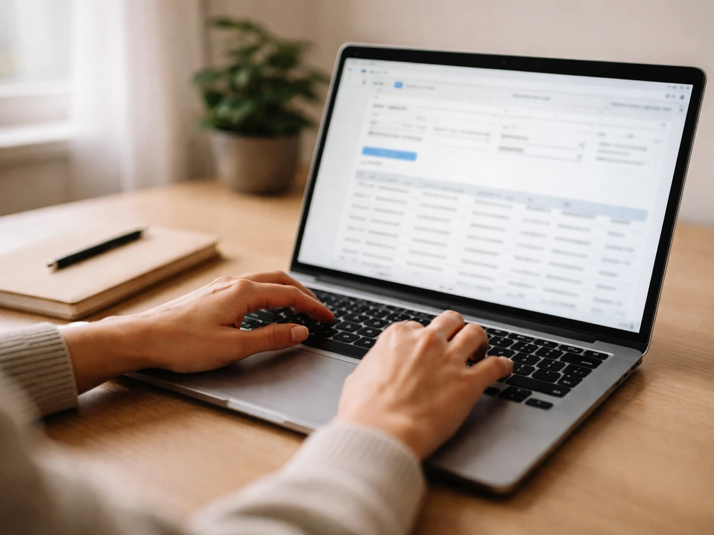 Close-up of hands typing on a laptop while reviewing public records pages on a simple screen layout