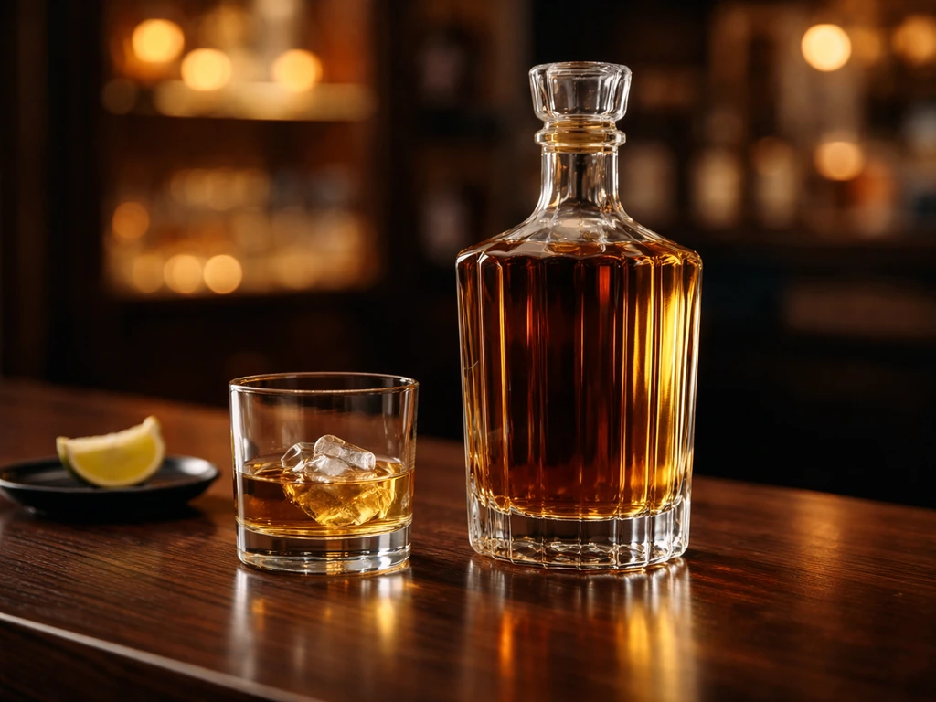 Luxury tequila bottle on a wooden bar with soft golden light, premium upscale ambiance.