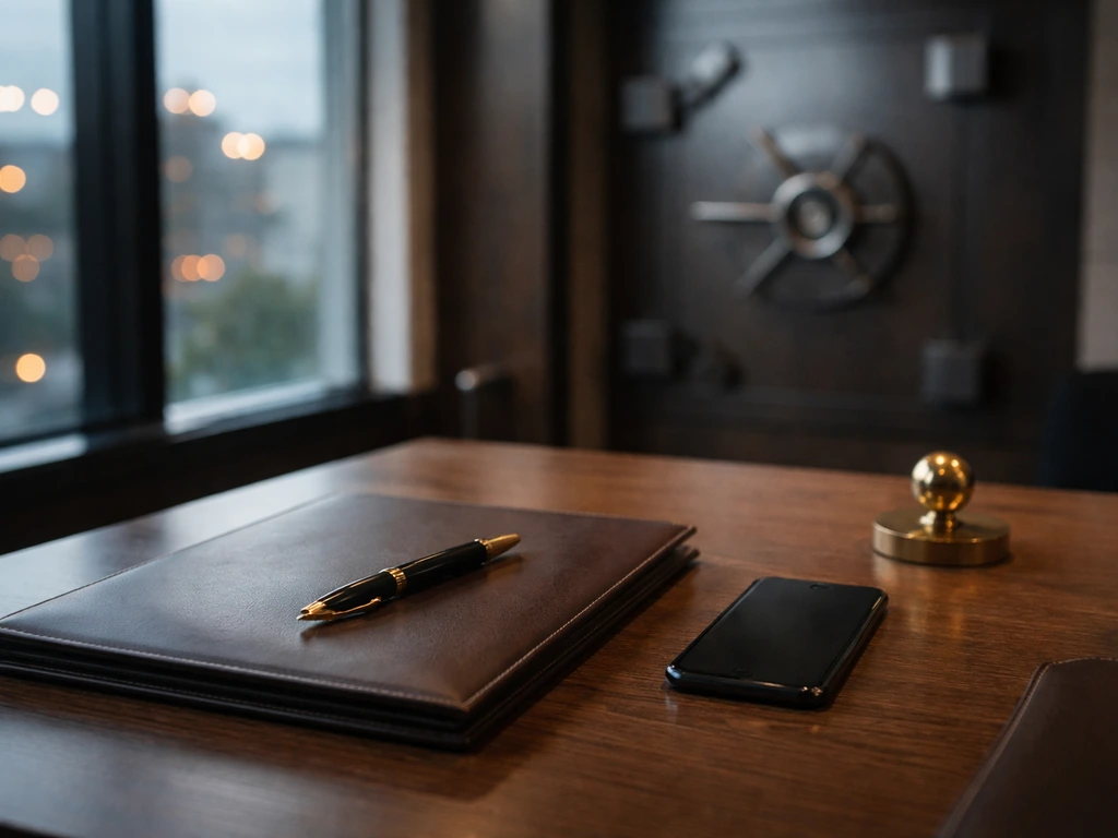 Minimal luxury office desk with portfolio and pen, symbolizing business wealth and verification work.