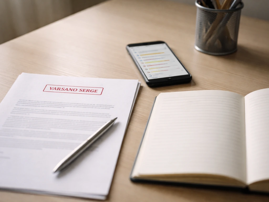 Minimal French office desk with stamped document and blurred phone search results, showing correct name spelling context