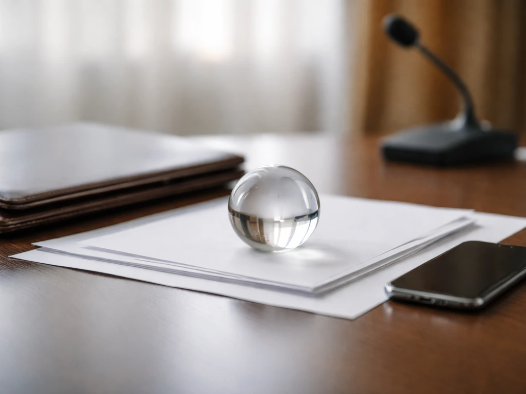 Minimal business desk scene with documents and microphone, symbolizing verification and confidence.