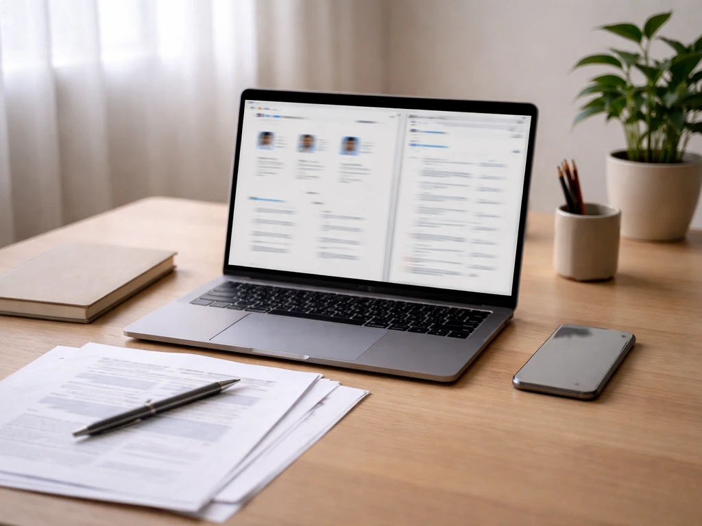 Minimal desk scene with laptop open to generic finance pages and documents, suggesting verifying a business estimate.