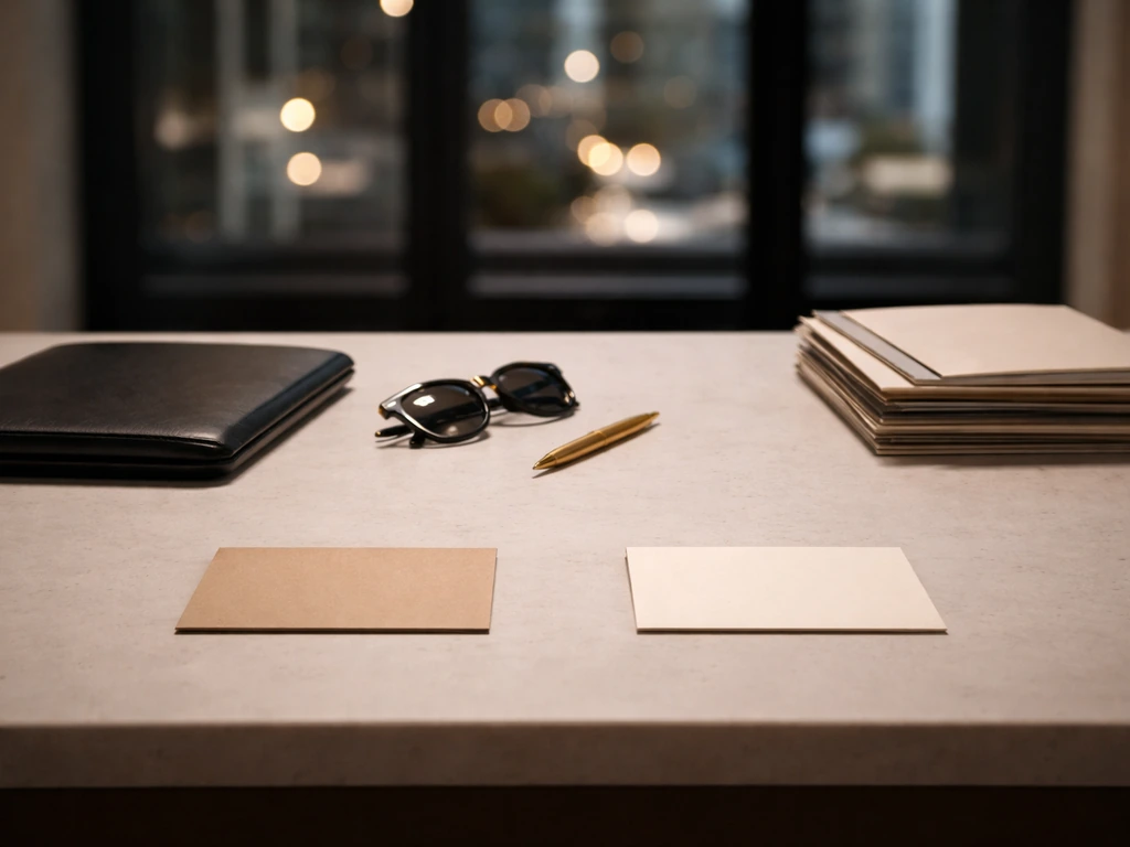 Minimal luxury desk setup with unlabeled envelopes and fashion accessories, suggesting net-worth comparison without a po