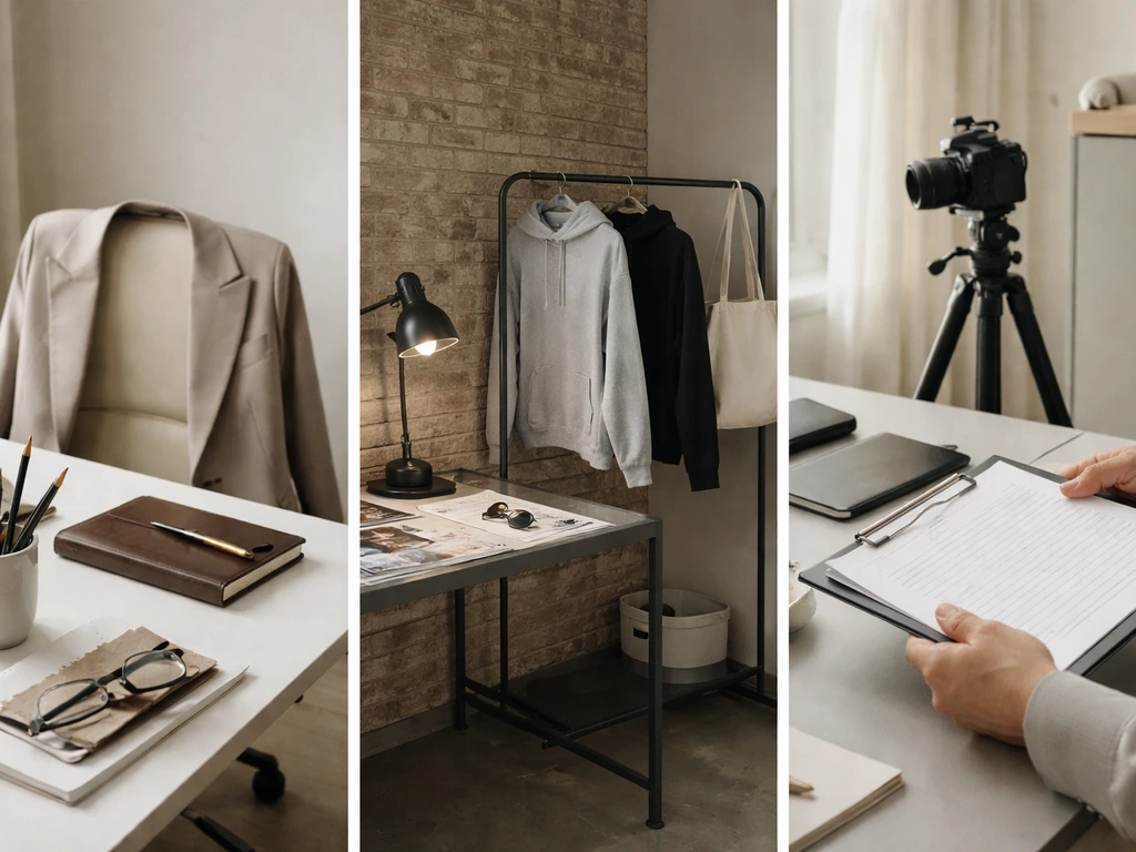 Three-panel collage: luxury creative desk, street-luxury studio corner, and anonymous contract-collaboration scene.