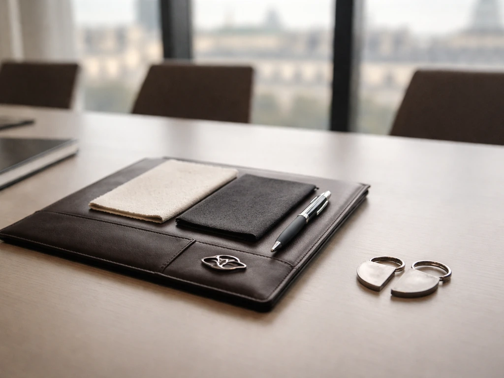 Minimal luxury desk with off-white fabric swatches and a connected split-ring motif in soft daylight.