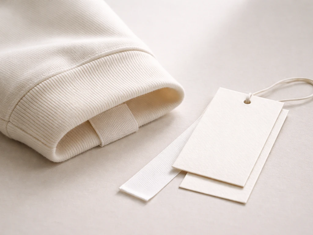 Close-up of a luxury off-white product tag and minimalist packaging detail on a neutral studio surface