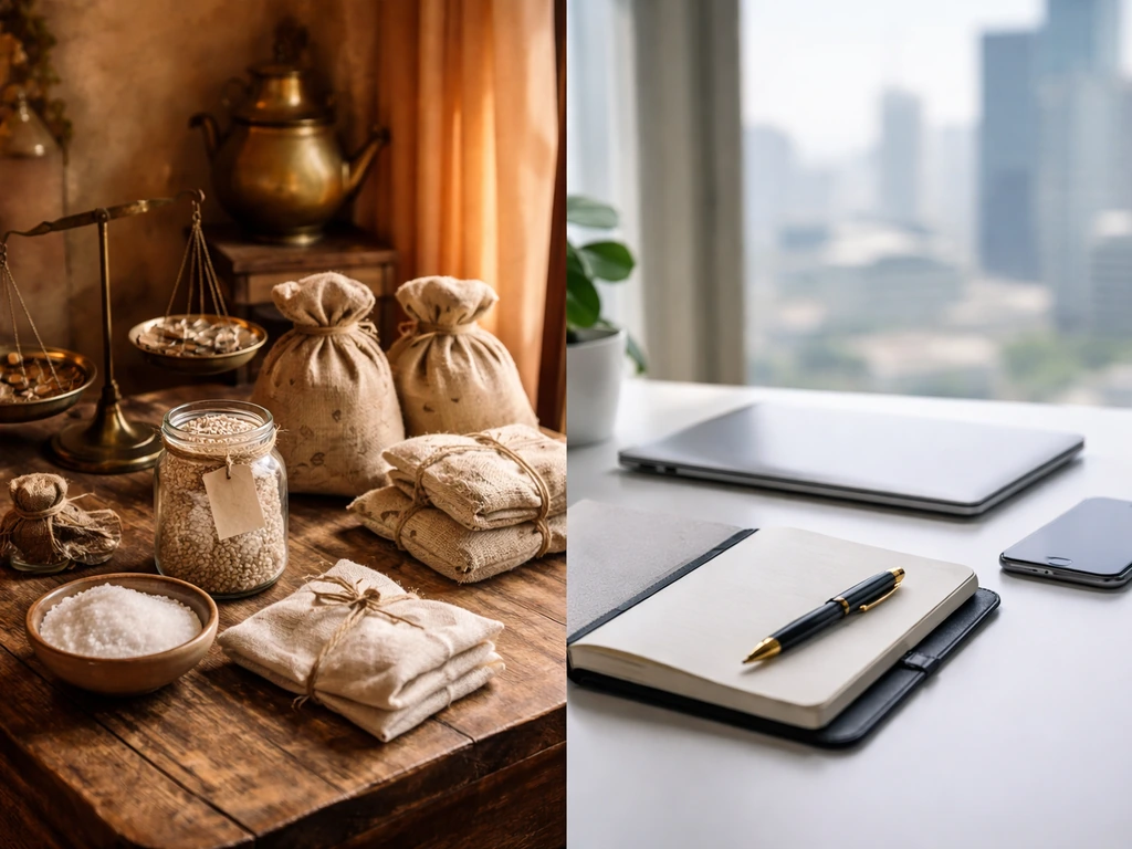 Minimal photo showing two separate desk scenes with vintage trading objects and modern finance items, suggesting name co