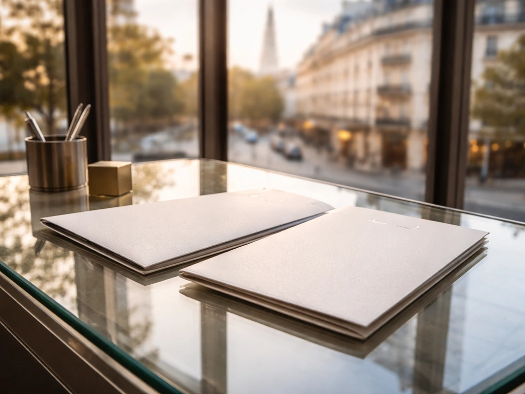 Minimal Paris corporate office scene with blank documents and finance-related objects on a glass desk.