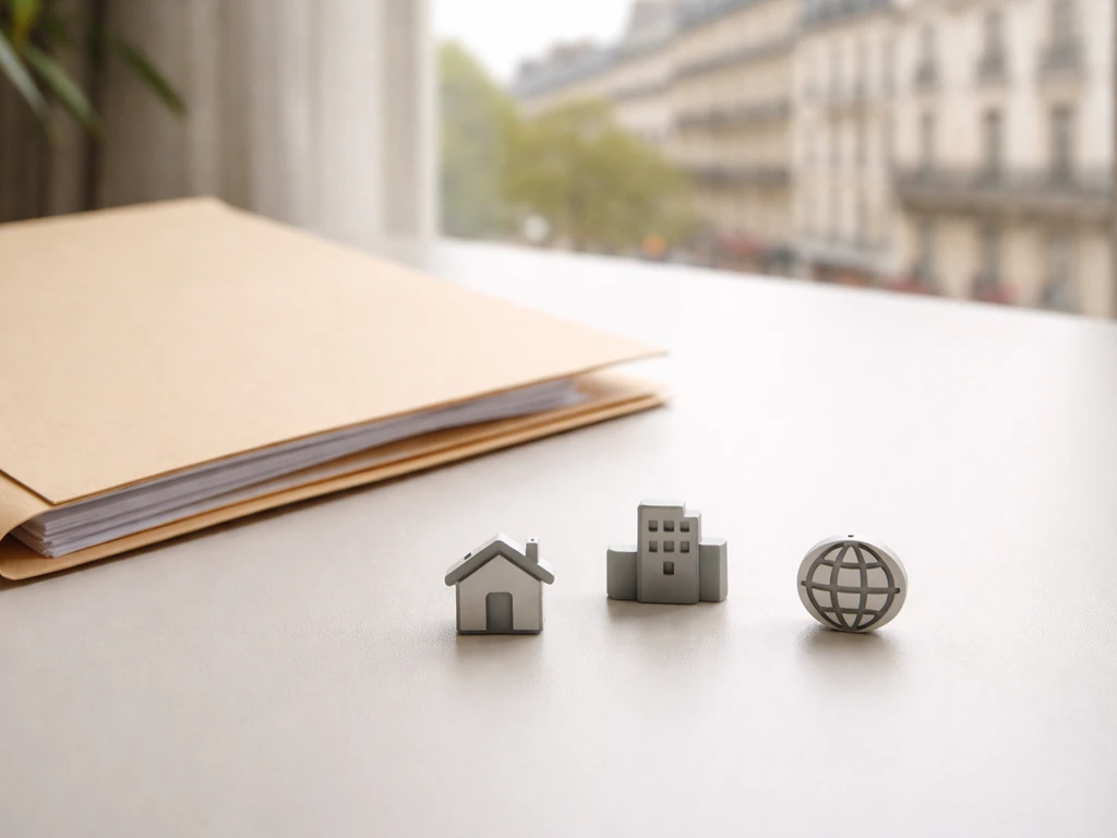 Minimal desk scene with an open folder and three small generic icon tokens suggesting real estate, companies, and other