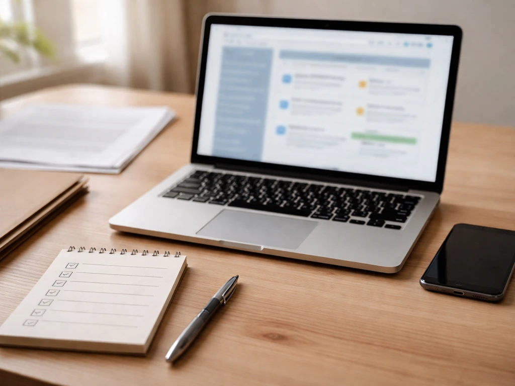 Minimal desk scene with laptop and checklist for verifying French business and wealth claims.