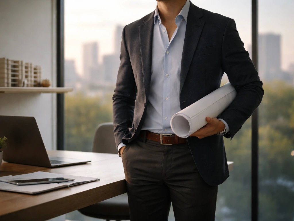 Real estate developer in a quiet modern office with a city skyline view, looking out over the desk