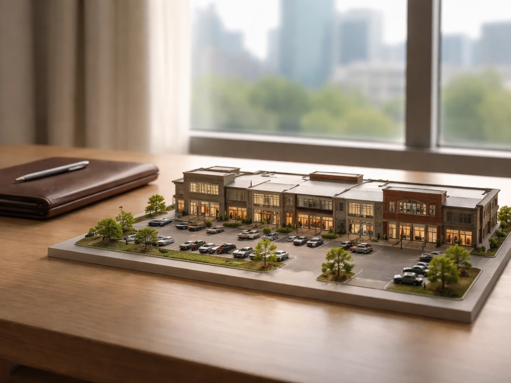 A small retail shopping center model on a desk beside a leather portfolio, natural light, minimal background.