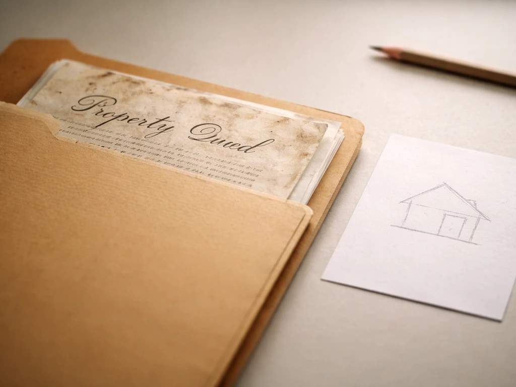 Close-up of an old property deed folder with a simple house outline on a blank desk