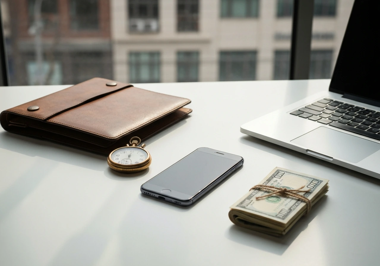 Minimal photo of a simple timeline-like arrangement of office items representing career milestones and money markers.
