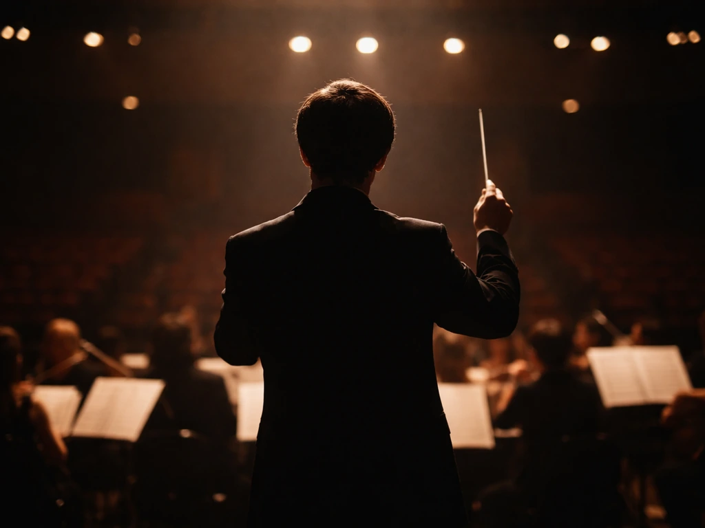 Minimal onstage scene with a conductor-like silhouette and a blurred orchestra background, suggesting a music career