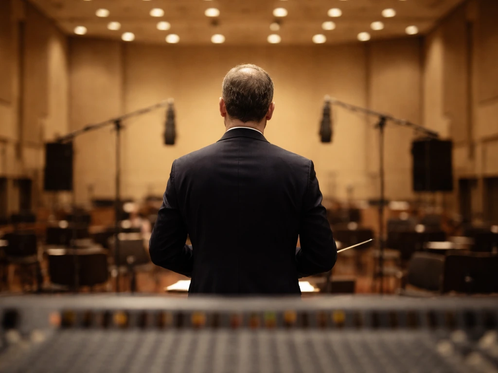 Anonymous conductor in a recording studio with microphones and acoustic panels in soft focus