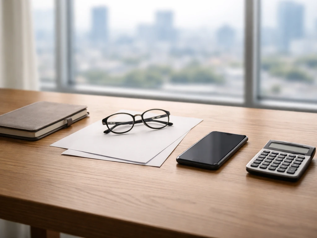 Minimal photo of an anonymous analyst’s desk with papers, a smartphone, and a calculator suggesting asset breakdown.