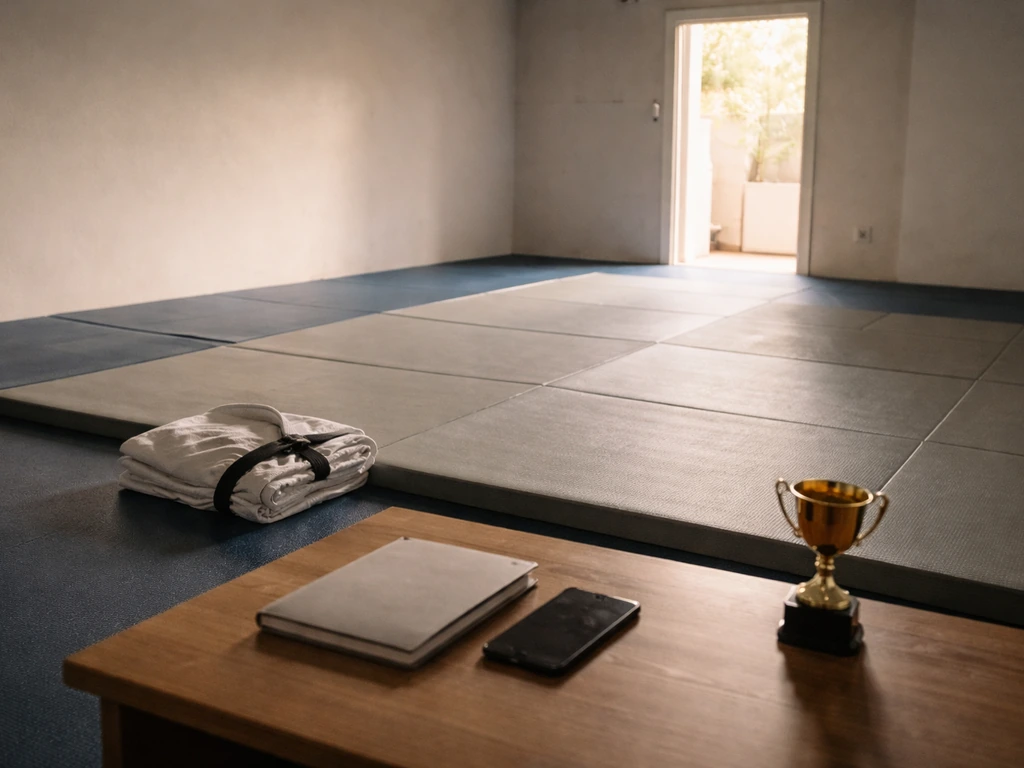 Empty jiu-jitsu academy mat with blurred awards and a quiet desk setup suggesting estimated net worth range