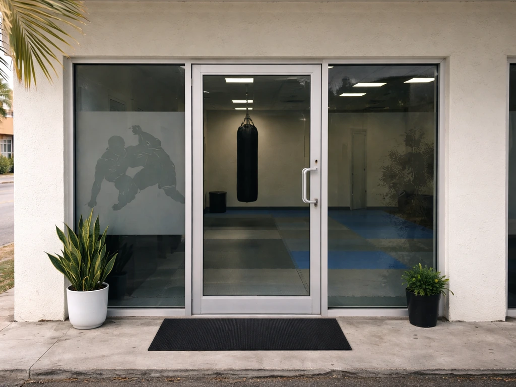 Jiu-jitsu academy storefront entrance exterior with subtle gym cues and no people.