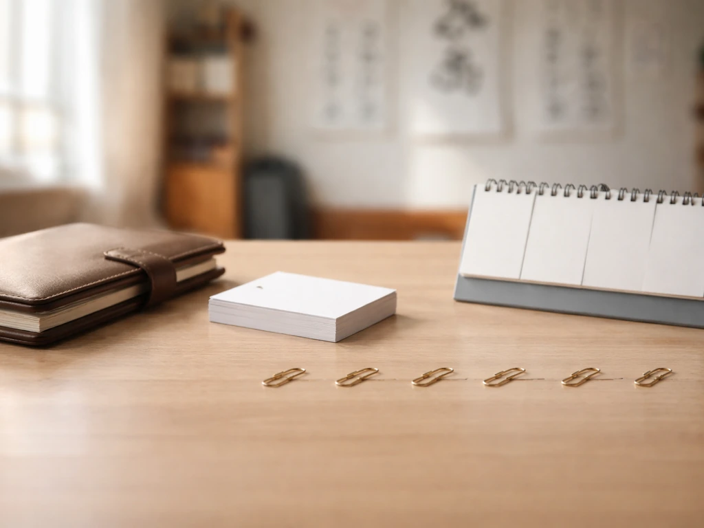 Minimal desk scene with blank planner and aligned gold paper clips suggesting milestone growth.