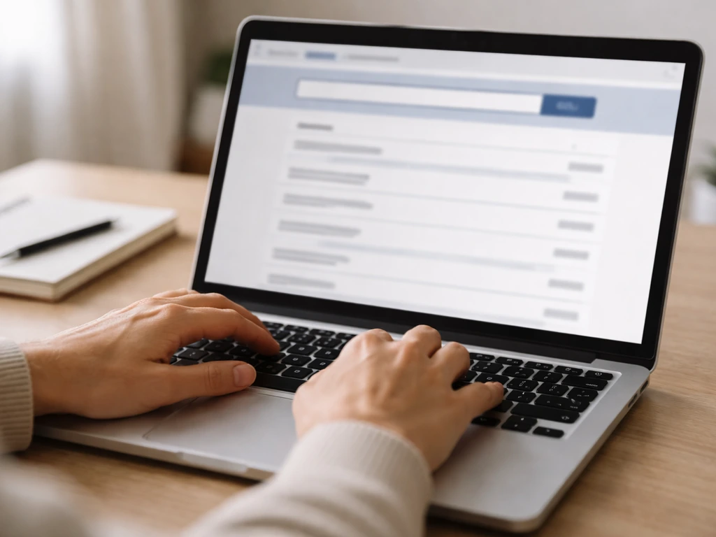Close-up of laptop hands searching public records workflow on a generic Sunbiz-like results page.