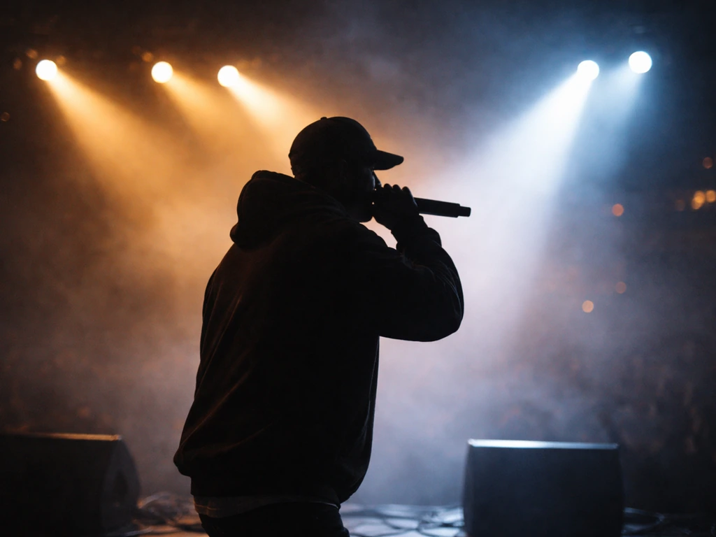 Glam stage lights and a silhouetted hip-hop performer in a concert setting symbolizing music-based wealth