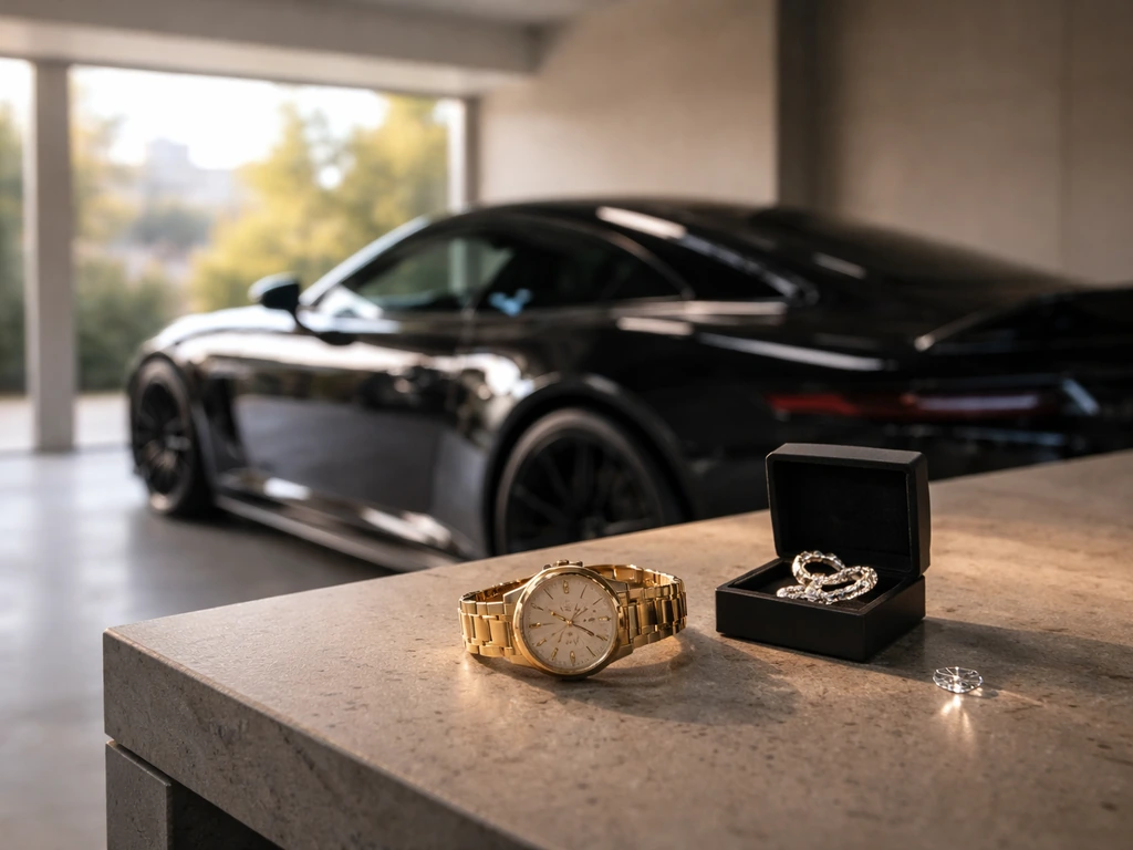 Luxury car parked beside a jewelry display in a sleek garage-like setting