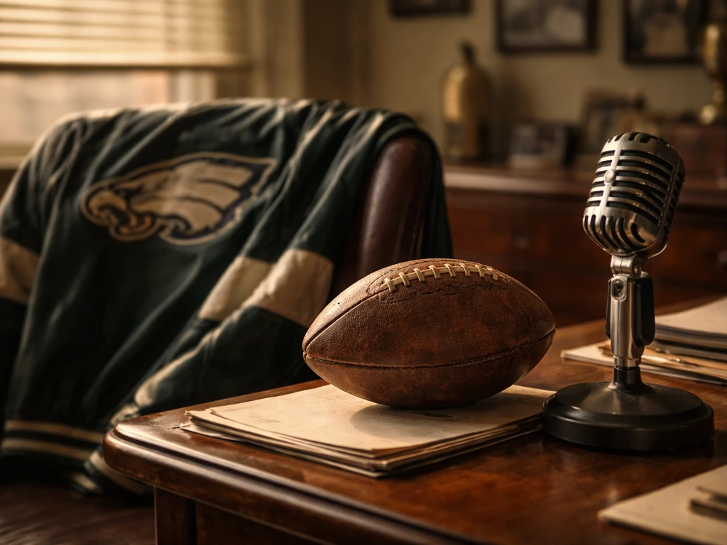 Vintage sports office desk with Eagles-themed jacket, football, and broadcast microphone, no people.