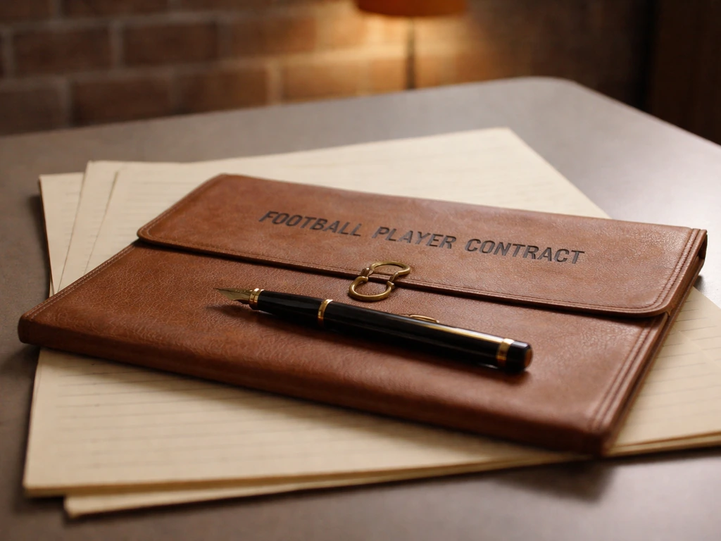 1970s-style contract envelope and fountain pen on a simple desk, suggesting modest NFL pay era context.