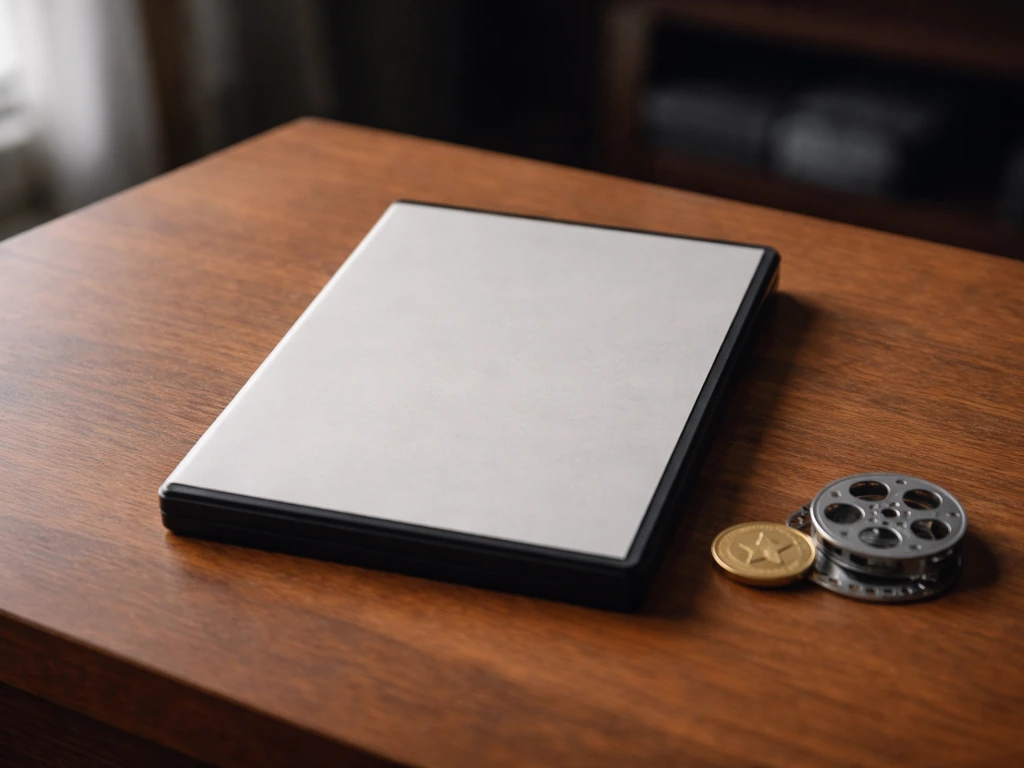 Generic sports biopic DVD case on a wooden desk beside a gold coin and small film reel.