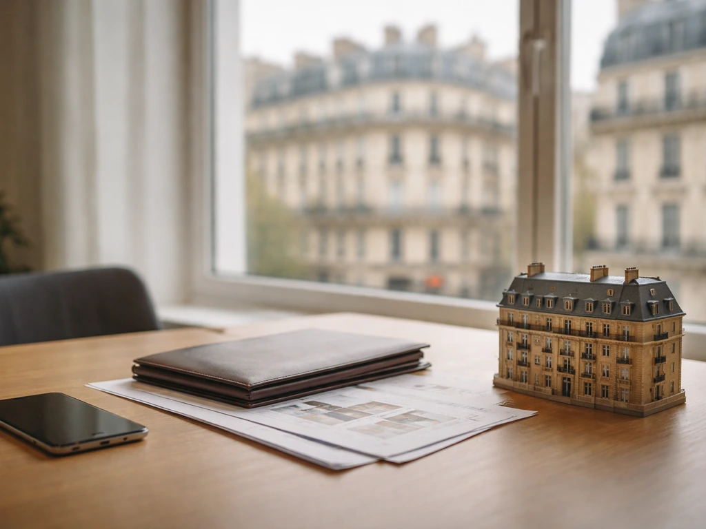 French real-estate business scene with a tidy office desk, documents, and a window view of Paris-like buildings