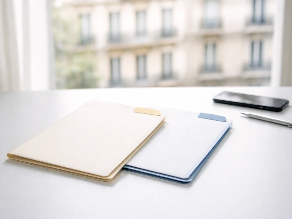 Minimal desk scene showing two folder tabs labeled by color only, suggesting spelling-based search results.