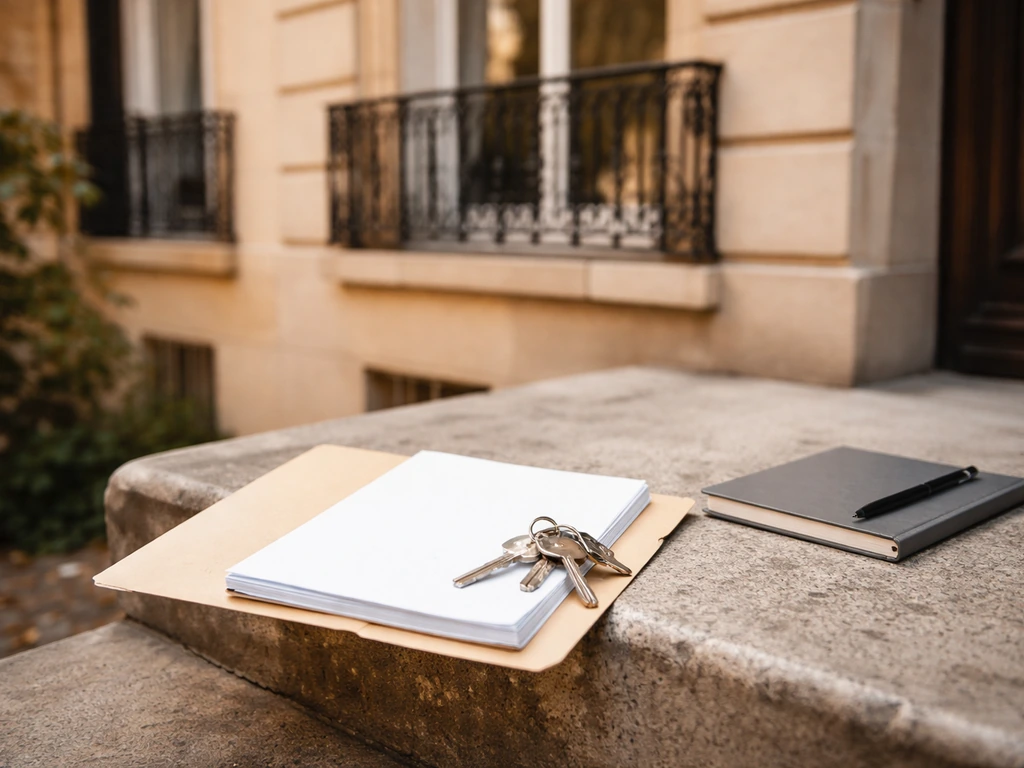 French residential building exterior with open blank paperwork folder and property keys on entry step.