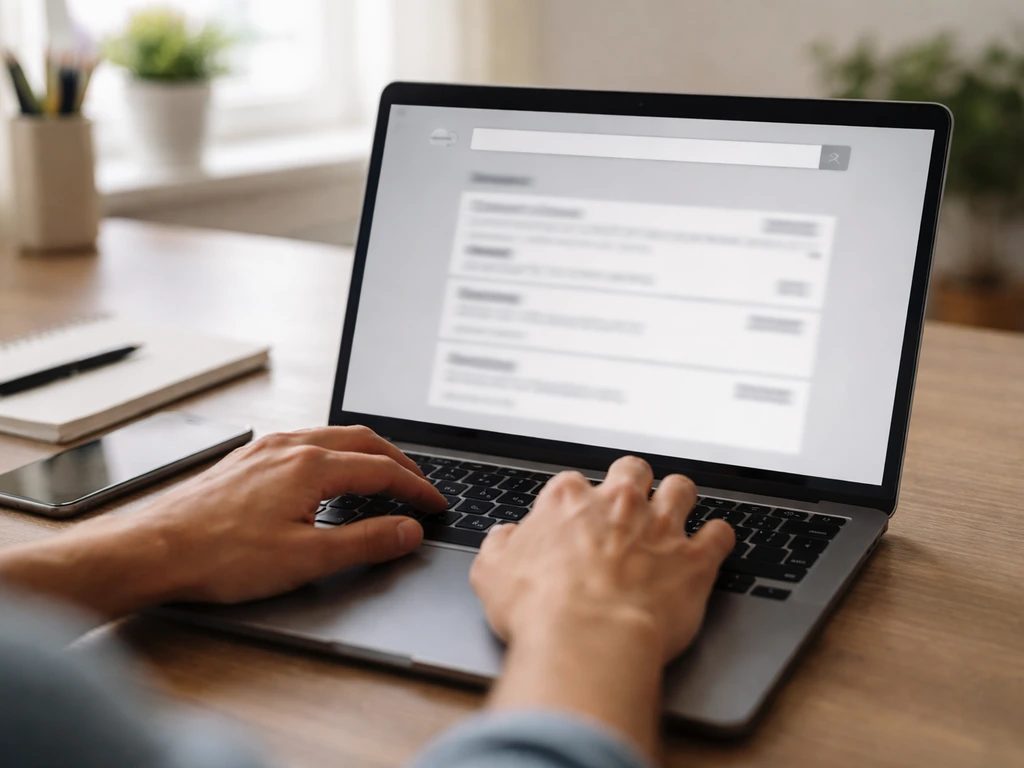 Person using a laptop to search a corporate registry website for company profile details