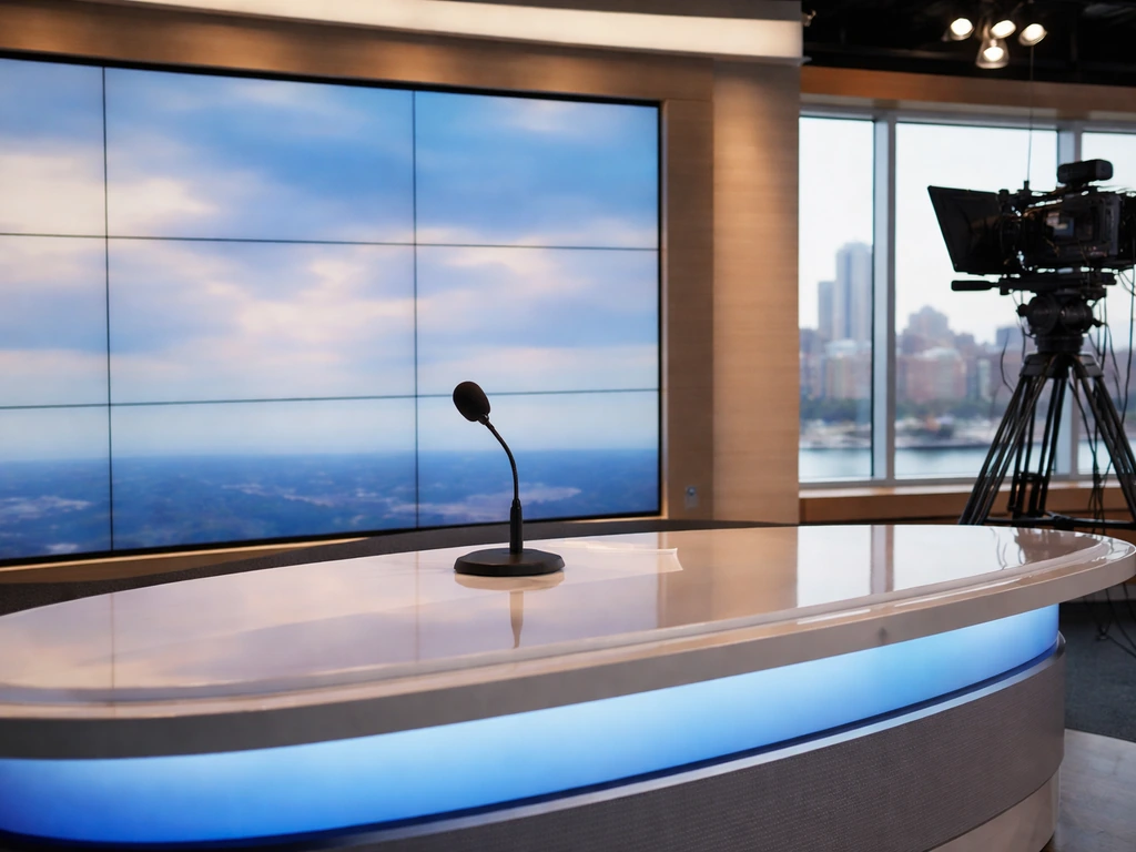 Milwaukee TV studio scene with a meteorology-themed anchor desk and camera setup, evoking broadcasting and wealth analys